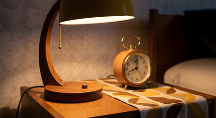 Stylish Wooden Lamp And Vintage Clock On Nightstand In Cozy Bedroom Environment