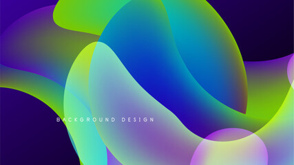 Abstract fluid shapes blend vibrant colors. Dynamic composition creates modern visual impact. Dark background emphasizes luminosity.