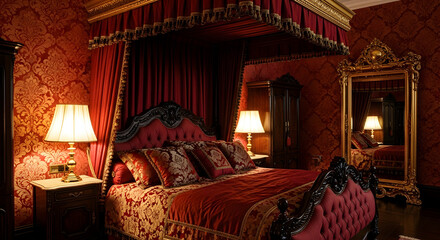 Sumptuous And Opulent Bedroom Design With Antique Bed And Mirror Decor