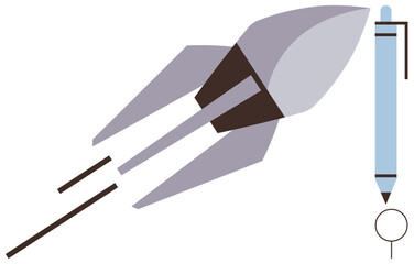 Rocket launching next to a pen reflecting ideas, imagination, and growth. Ideal for innovation, creativity, technology, education, startups entrepreneurship and progress concepts. Clean flat design