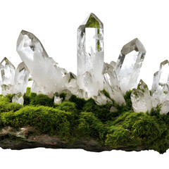 Captivating Quartz Crystals on Mossy Terrain: A Natural Gemstone Showcase of Beauty