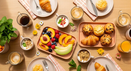 Sumptuous Breakfast Spread: A Culinary Morning Tableau With Fresh Fruits, Baked Goods