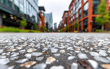 Obraz premium Close-up view of a city street paved with small stones, showcasing modern architecture in the background.