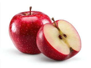 Two red apples, one whole, one halved, on white