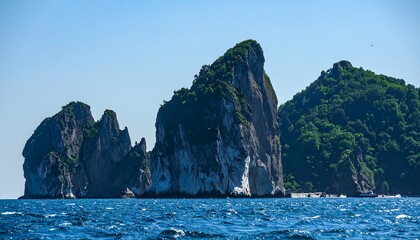 Majestic Sea Cliffs of Capri with Italy Dramatic Rock Formations Against Blue Sky.