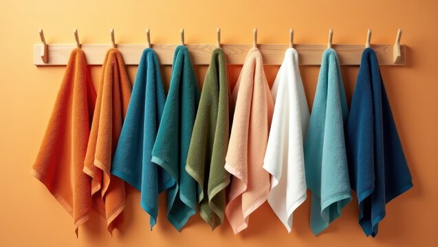 A display of various colored towels hangs neatly from wooden hooks on a wall.