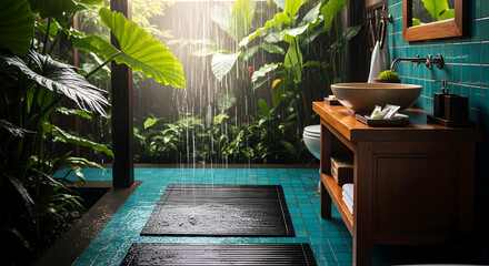 Tropical bathroom design showing a natural shower and luxury interior with rain effect