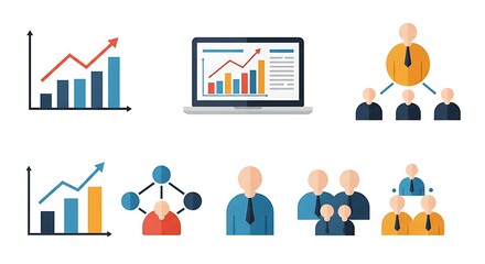 Business data analysis and corporate management icon set concept featuring graphs, charts, and team organization symbols for infographics