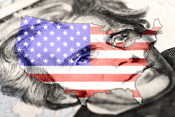 Dollar bills and flag and map of the United States of America