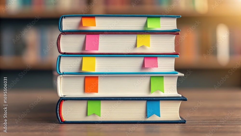 Aufkleber back college vibes concept. stack of books with colorful bookmarks on a wooden table.