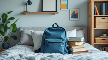 back college vibes concept. Cozy bedroom with a backpack and a stack of books on the bed.