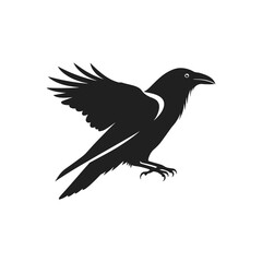 Black raven bird vector silhouette isolated on a white background, featuring a crow in flight