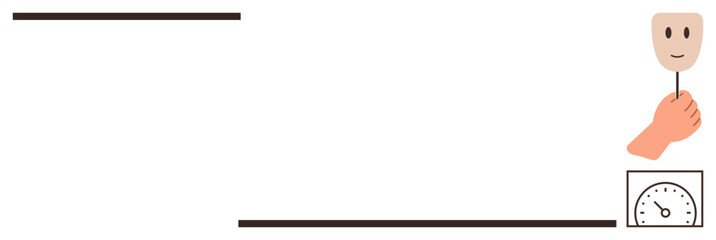 Hand holding mask with a smiling face beside a timer, symbolizing hidden identity, time, deception, transformation, self-expression, personality, and punctuality in a simple flat metaphor