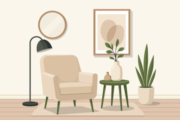 The modern interior living room showcases an armchair and decorative accessories set against a white wall. Full Vector NOT AI GENERATED!