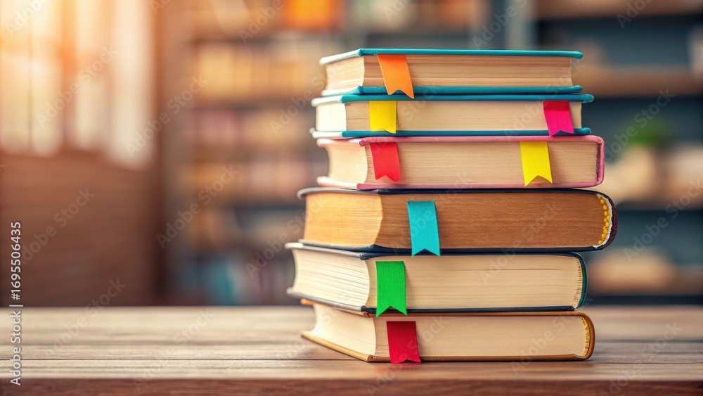 Poster back college vibes concept. stack of books with colorful bookmarks in a cozy setting.