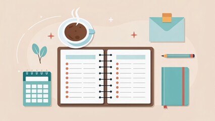 back college vibes concept. Workspace setup with planner, coffee, and stationery items.