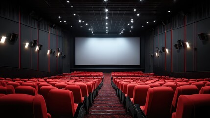 A cozy red velvet movie theater seat, dimly lit with a blurred background of the theater.