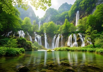 Lush waterfalls cascade down rocky cliffs into a tranquil, emerald-green pool, surrounded by vibrant greenery and peaceful ambiance.