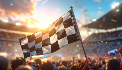 Checkered flag waving in stadium crowd