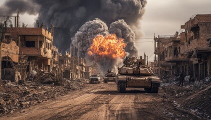 War-torn city street, tanks, explosion