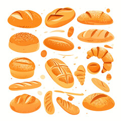 A vibrant collection of various types of bread and pastries on a white background in a digital illustration style for bakery or food related concepts