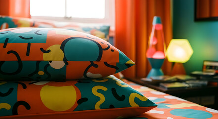 Vibrant Bedroom Scene With Colorful Patterned Pillows And Artistic 70s-Style Lighting