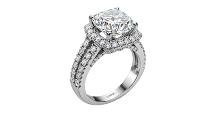 Exquisite cushion cut diamond engagement ring with pave set diamonds on a split shank band isolated on white background