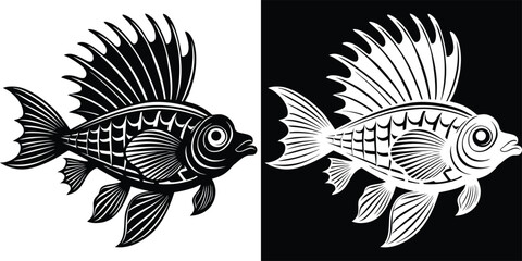 Striking black and white stylized fish illustration perfect for aquatic themes, logos, and decorative designs