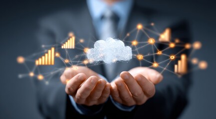 Man holding a cloud computing icon with network lines and bar charts