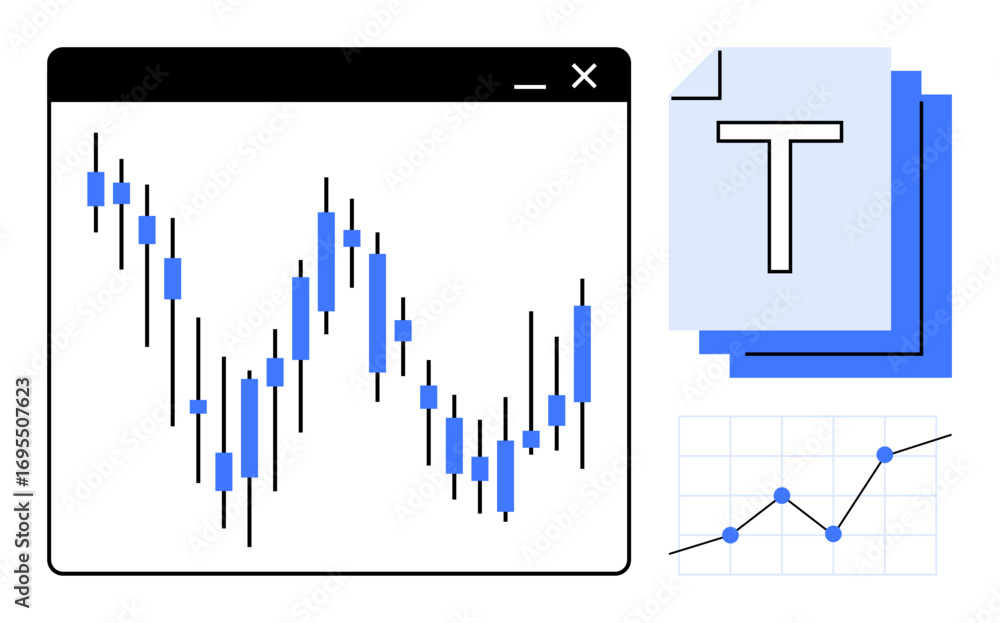 Poster candlestick chart in interface, stack of documents with text, and line graph with points. ideal for 