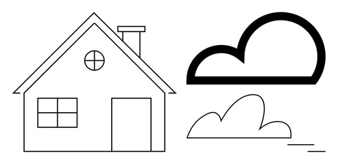 Simple house with chimney, circular and rectangular windows next to a bold outlined cloud and smaller cloud. Ideal for real estate, home, weather, comfort, shelter, outdoor stability themes. A