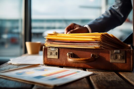 A professional revising charts in an airport lounge, briefcase open with files on the table, the mood feels busy and time-pressed, Generative AI  - Powered by Adobe