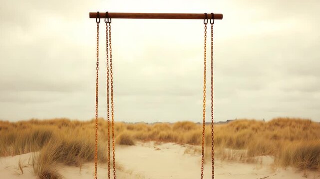 Rustic wooden swing set on a sandy beach with tall grass under a cloudy sky