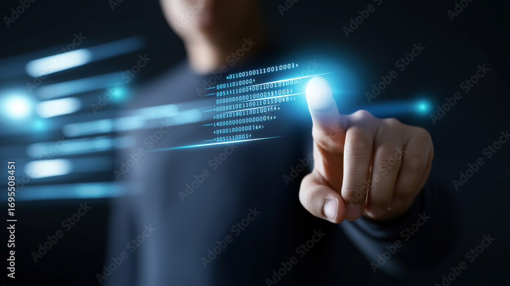 Aufkleber man using futuristic touch interface with digital data screens.