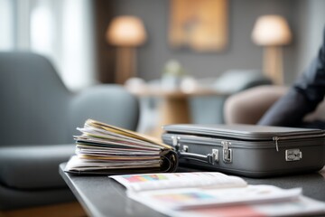 A professional revising charts in an airport lounge, briefcase open with files on the table, the mood feels busy and time-pressed, Generative AI 