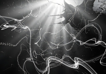 Abstract black and white image of swirling water splashes and light rays, creating a dynamic and energetic visual effect