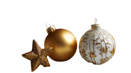 Golden christmas ornaments and star isolated on transparent background.