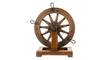 Antique wooden wheel isolated on transparent background, a vintage spinning wheel with spokes and a stand, used for spinning wool or cotton