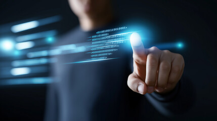 Man using futuristic touch interface with digital data screens. 
