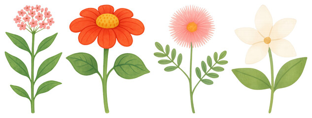 PNG Colorful illustrated floral variety, element set on transparent background