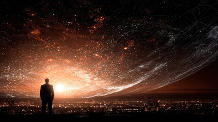 Man gazes at a connected network, a futuristic cityscape beneath a glowing horizon, rendered in dark hues