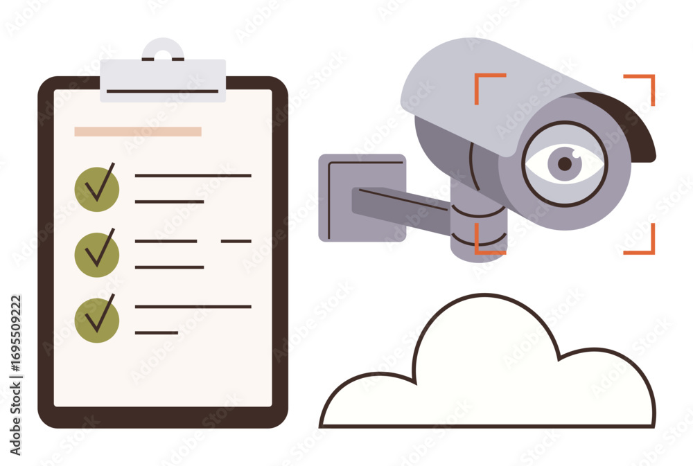Poster surveillance camera monitoring with focus, checklist containing tasks, and cloud symbolizing connect