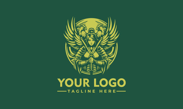 A stylized illustration of a winged warrior figure, centered on a green background, with text.