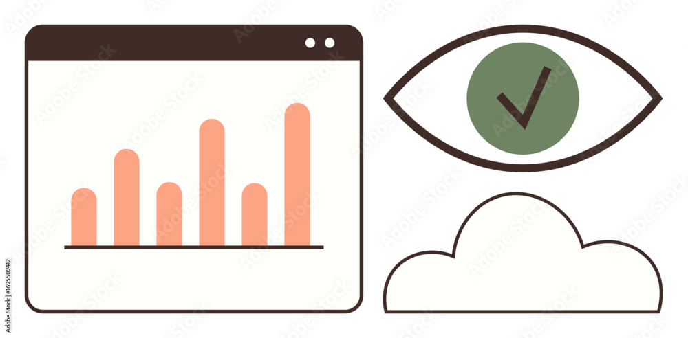 Poster chart bars inside browser window, eye with checkmark, cloud symbol. ideal for data analysis, cloud c