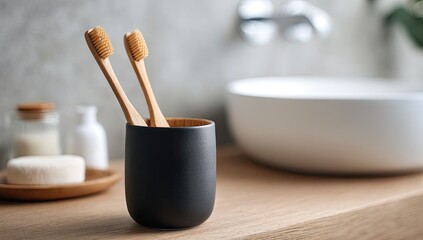 Two bamboo toothbrushes in a dark holder on a bathroom counter
