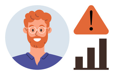 Portrait of a happy man with glasses beside a warning triangle and a bar graph. Ideal for teamwork, analytics, risk management, communication, progress tracking, education, simple flat metaphor