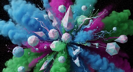 A vibrant explosion of colorful, geometric shapes amidst a cloud of paint splatter, radiating outward from a central point.