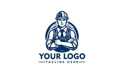 Illustration of a construction worker with arms crossed, wearing a hard hat and overalls, within a circular frame.