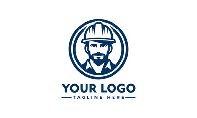 A logo design featuring a construction worker in a hard hat, circular design, and place for company name and tagline.