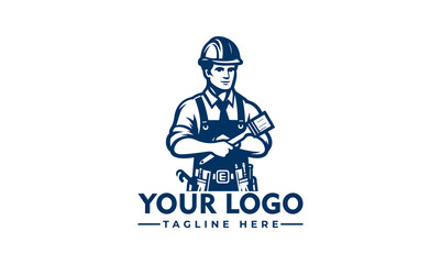 A logo design featuring a construction worker holding tools, with a place for a company name and tagline.